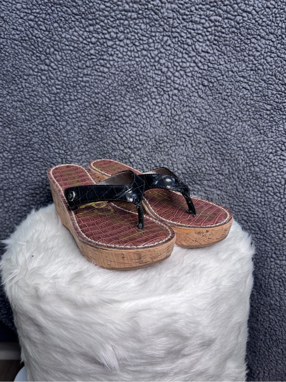 Sam Edelman Black Patent Cork Wedge Thong Sandals